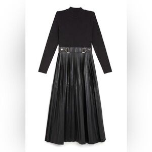 Karen Millen Knit Faux Leather Pleated Midi Dress